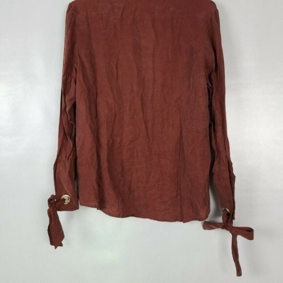 Line & Dot Woment Top Small Brown Button Up Long Sleeve Minimalist Shirt - Picture 4 of 8